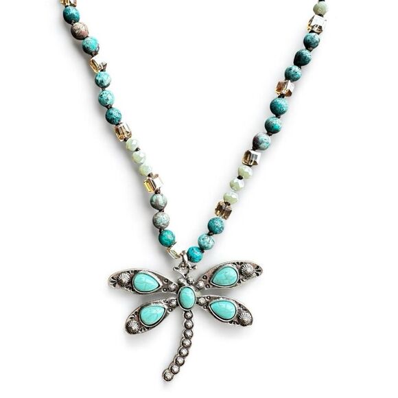 NEW Long Knotted Multi-color Bead Necklace Silver & Turquoise Dragonfly Pendant - Picture 9 of 9